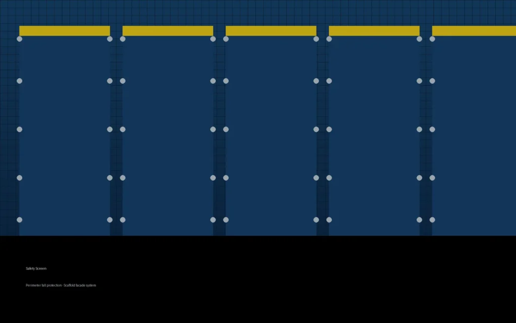 Safety Screen structure on a high-rise scaffolding facade